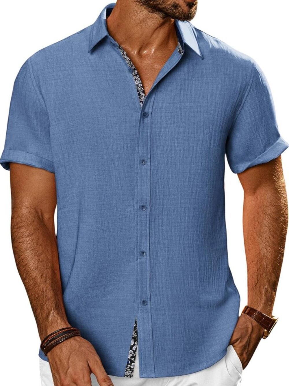 Men's Grey Blue Button Down Short Sleeve Casual Textured Beach Wedding Shirt